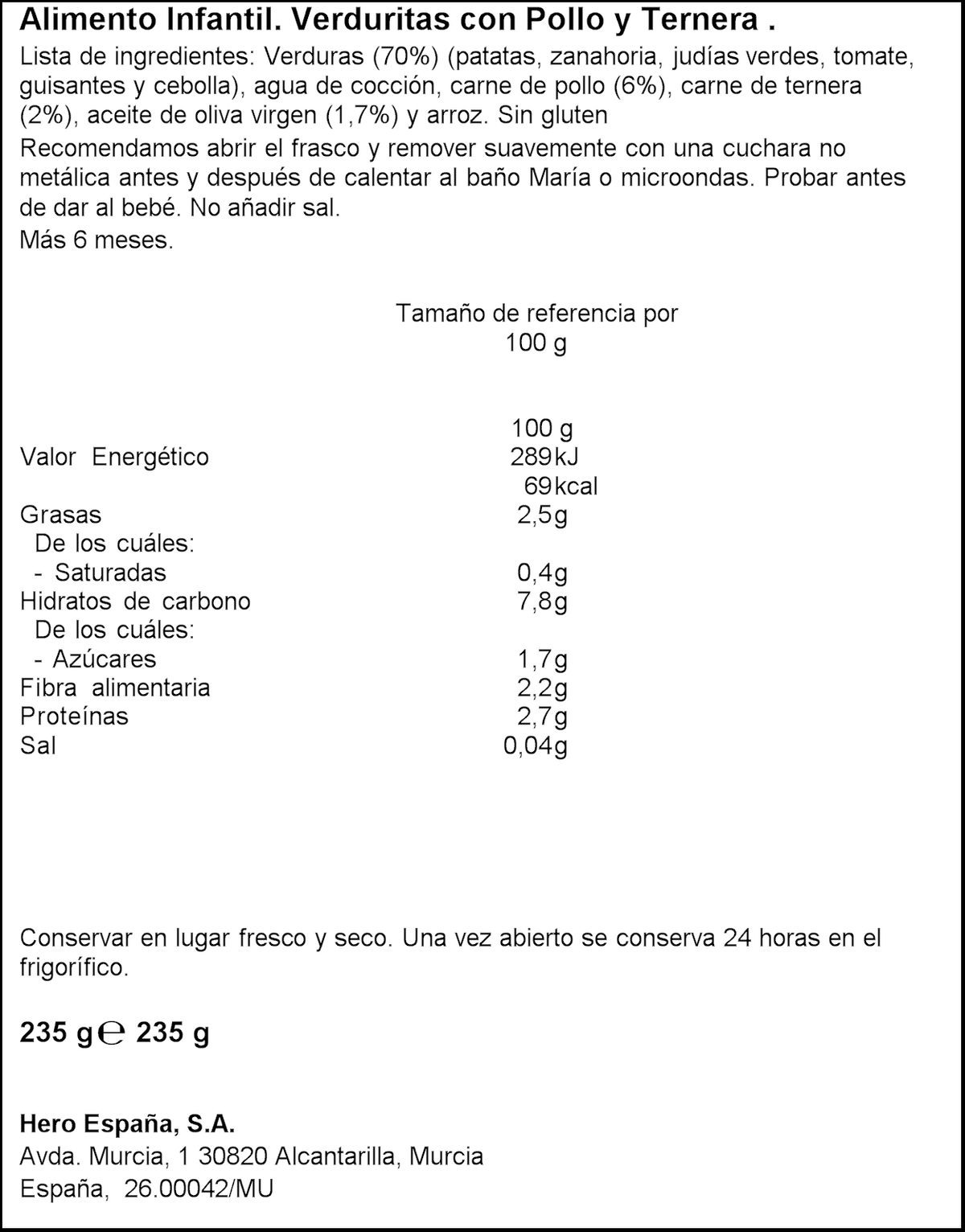Tarro Hero Solo verdura pollo ternera desde 6meses 235g