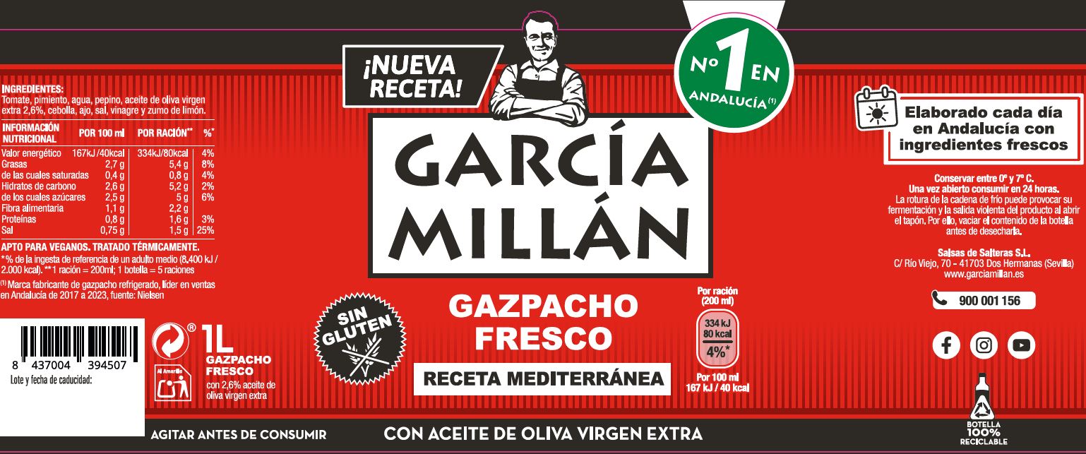 Gazpacho fresco receta Mediterránea García MIllán 1l