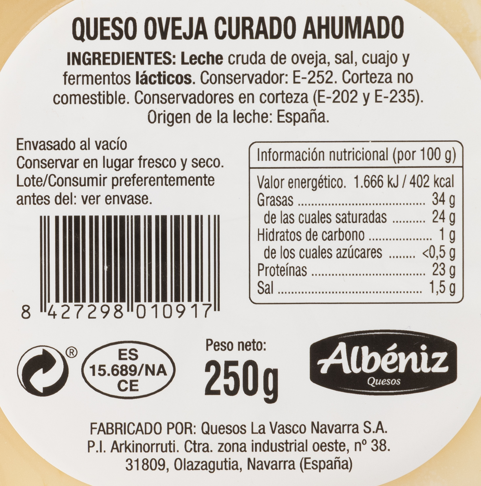 Queso oveja curado ahumado Albeniz 250 gr.