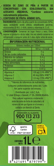 Bebida sin azúcar añadido Alipende 1L piña