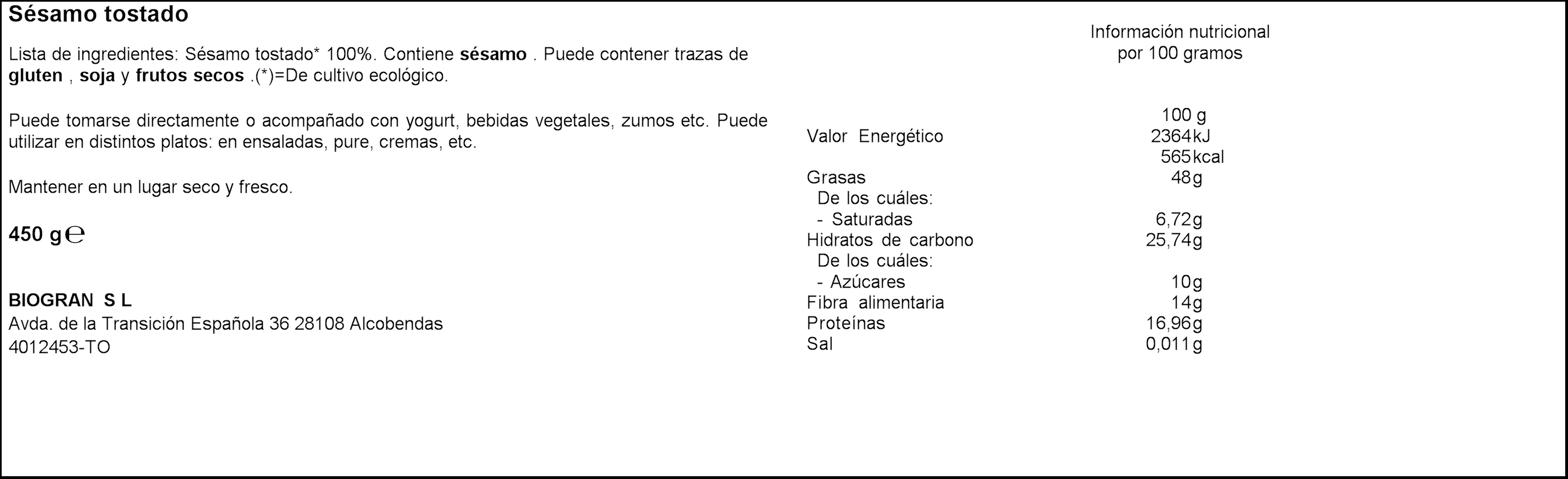 Semillas sésamo tostado ecológico Ecocesta 250g