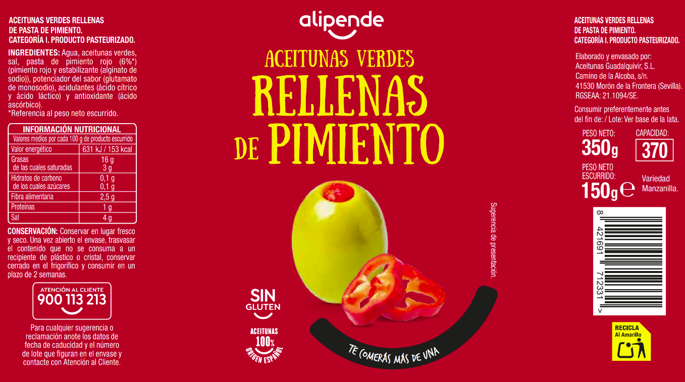 Aceitunas rellenas de pimiento Alipende 150g