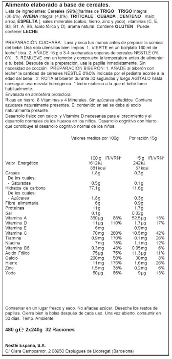 Alimento infantil papilla sin azúcar añadido 8 cereales Nestlé 480g