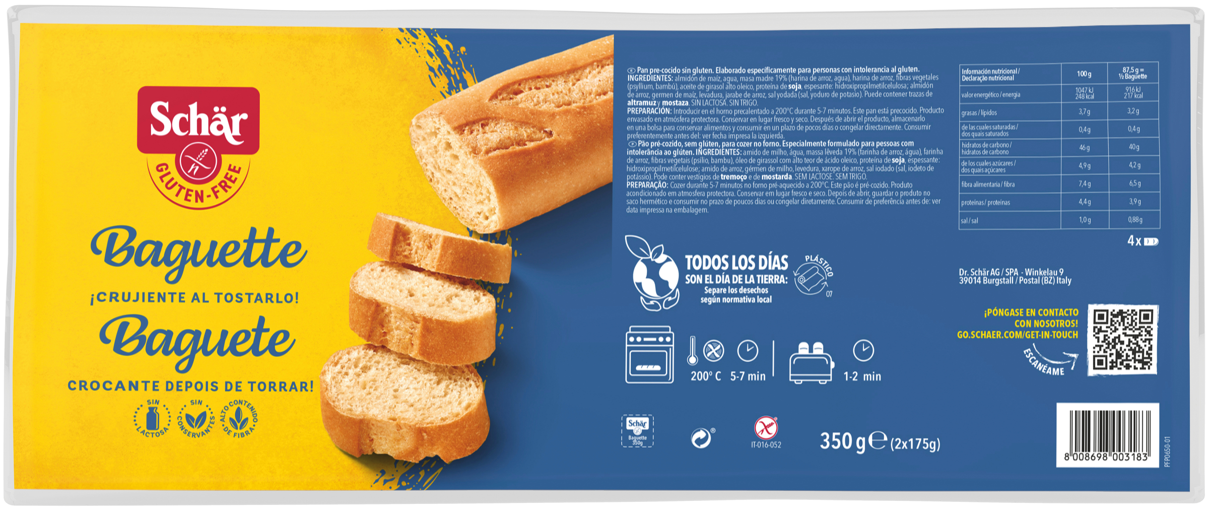 Baguette Sch&auml;r crujiente tras tostar sin gluten 2 uds 350g