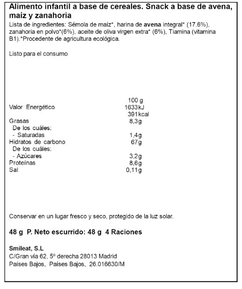 Alimento infantil snack a base de maíz avena y zanahoria Smileat 48 g