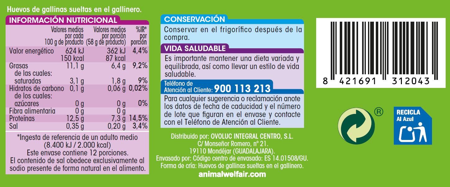 Huevos de gallinas sueltas en el gallinero Alipende 12u "clase m"
