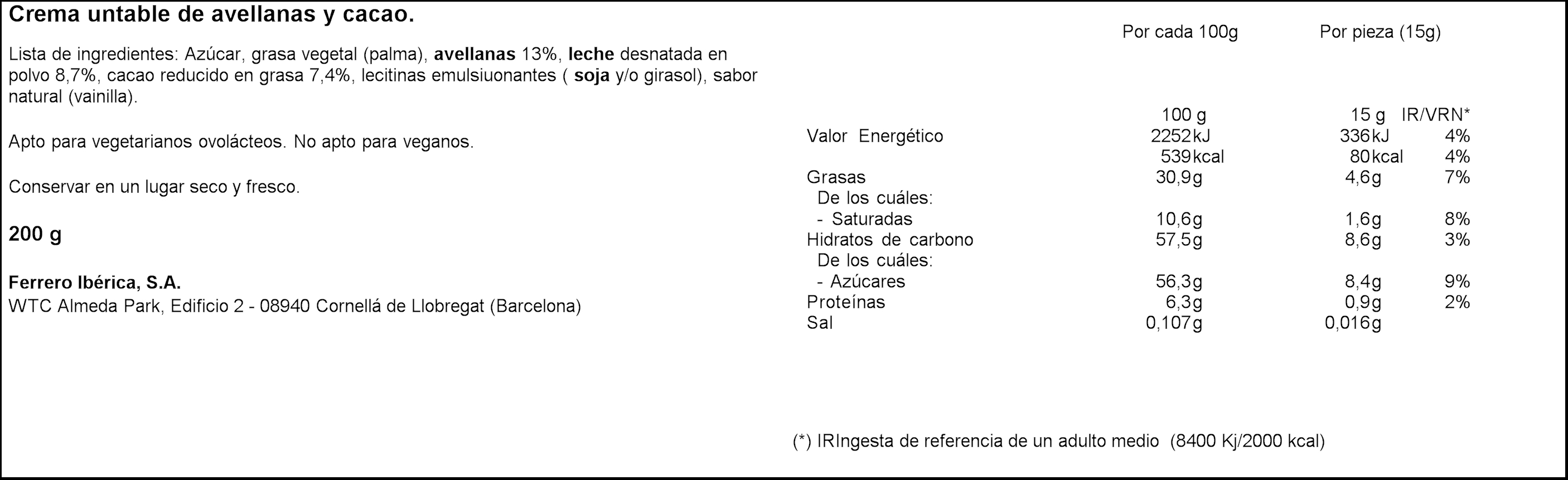 Crema de cacao Nutella 200g