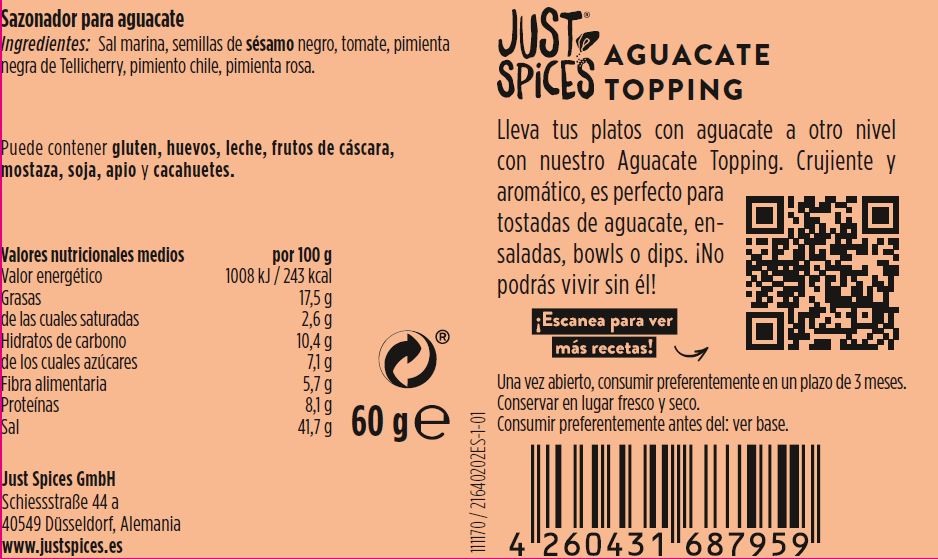 Sazonador topping aguacate Just Spices 60g