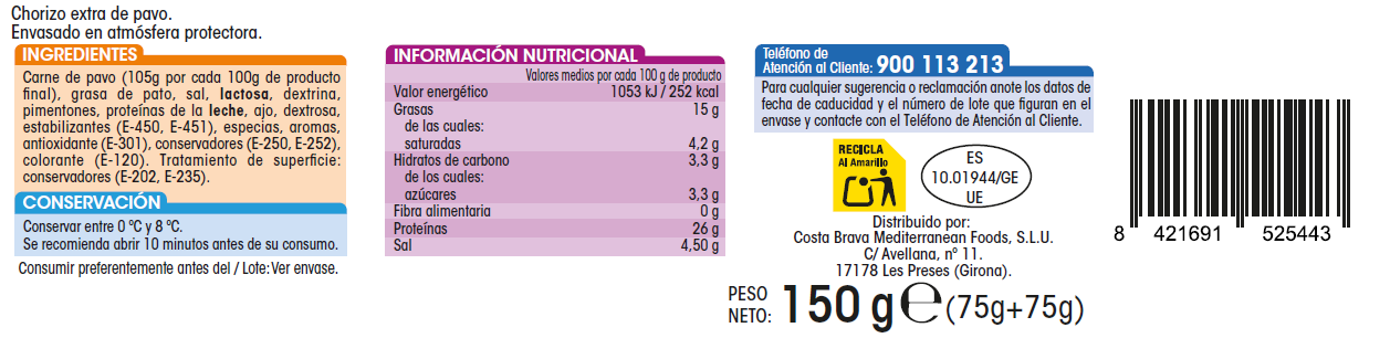Chorizo extra de pavo calidad extra en lonchas Alipende pack 2 de 75g