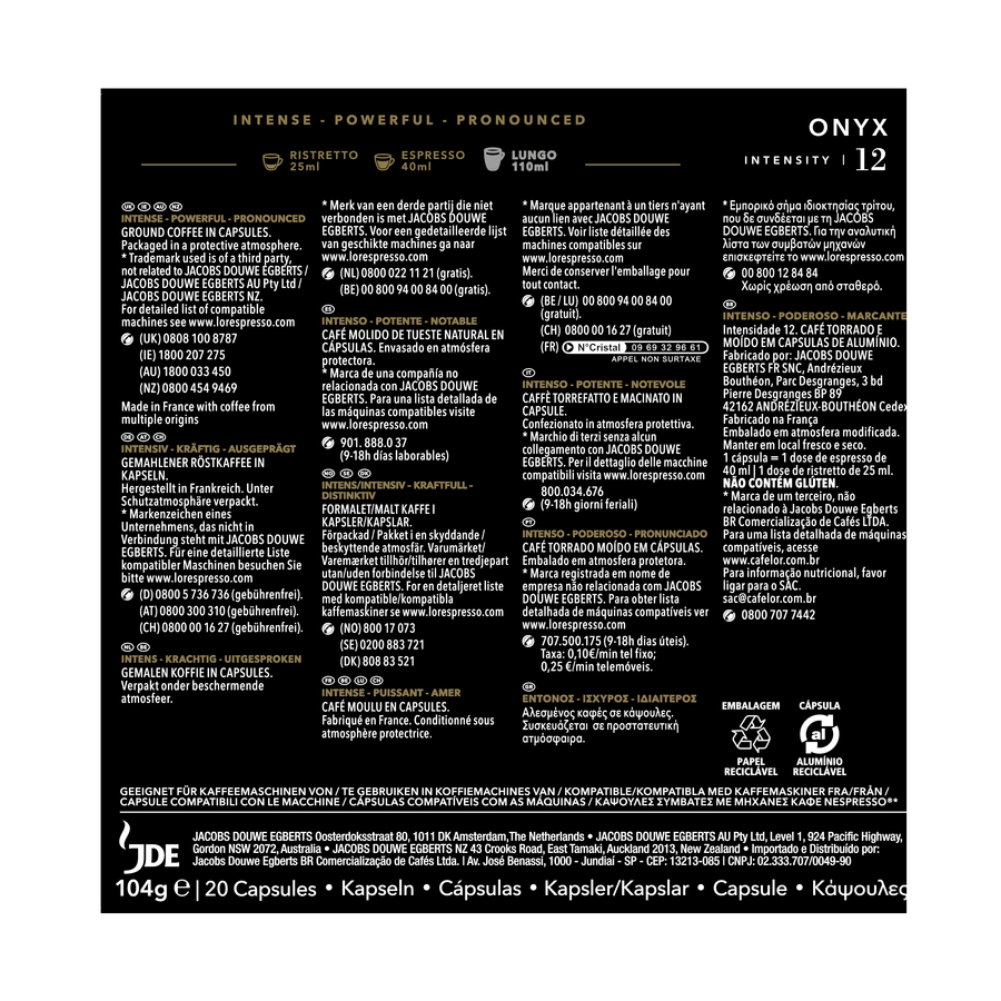 Café expresso intensidad 12 Onyx L&acute;or 20 cápsulas
