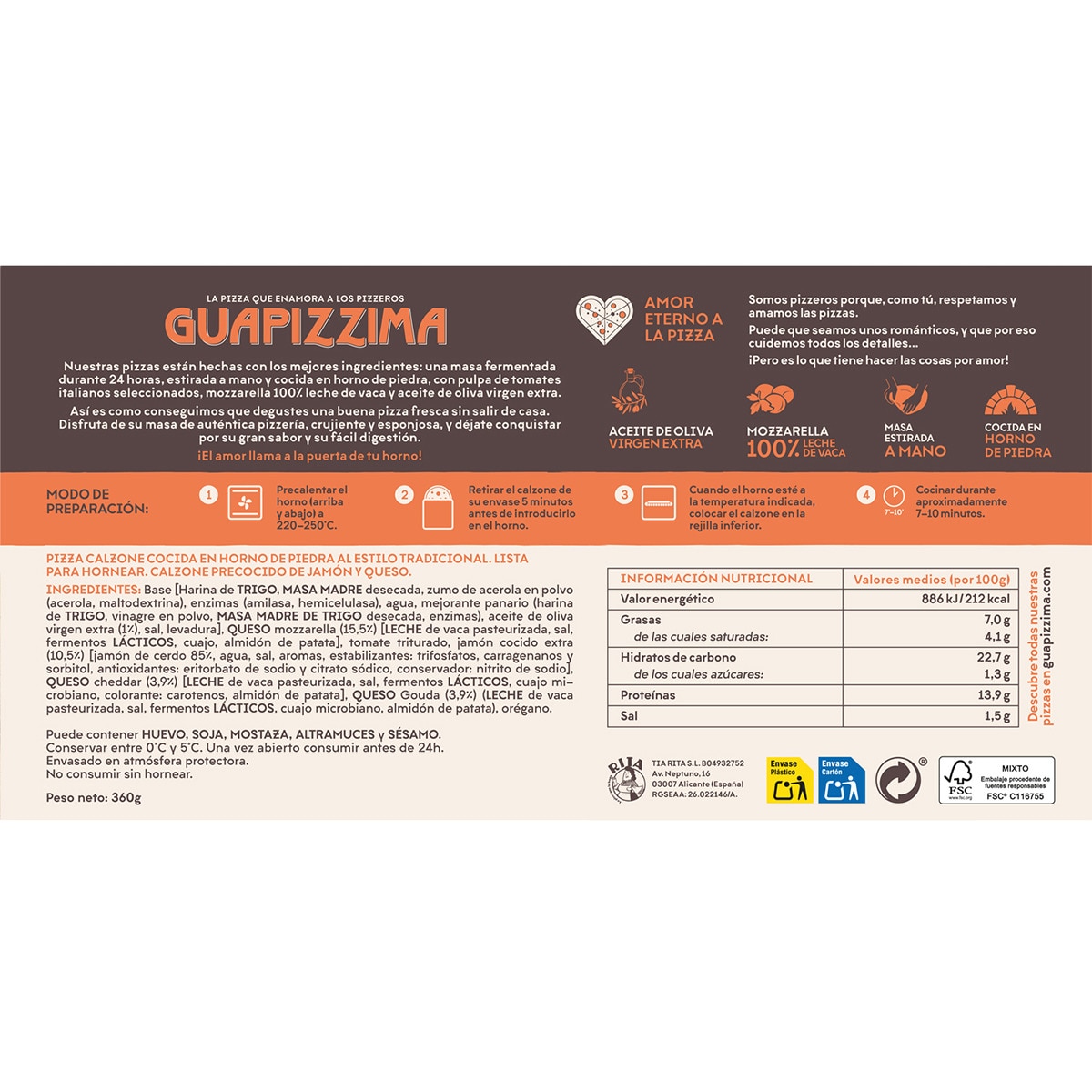 Calzone de jamón y queso Guapizzima 360g