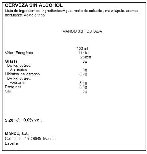 Cerveza Mahou 0,0 33cl P16 Tostada