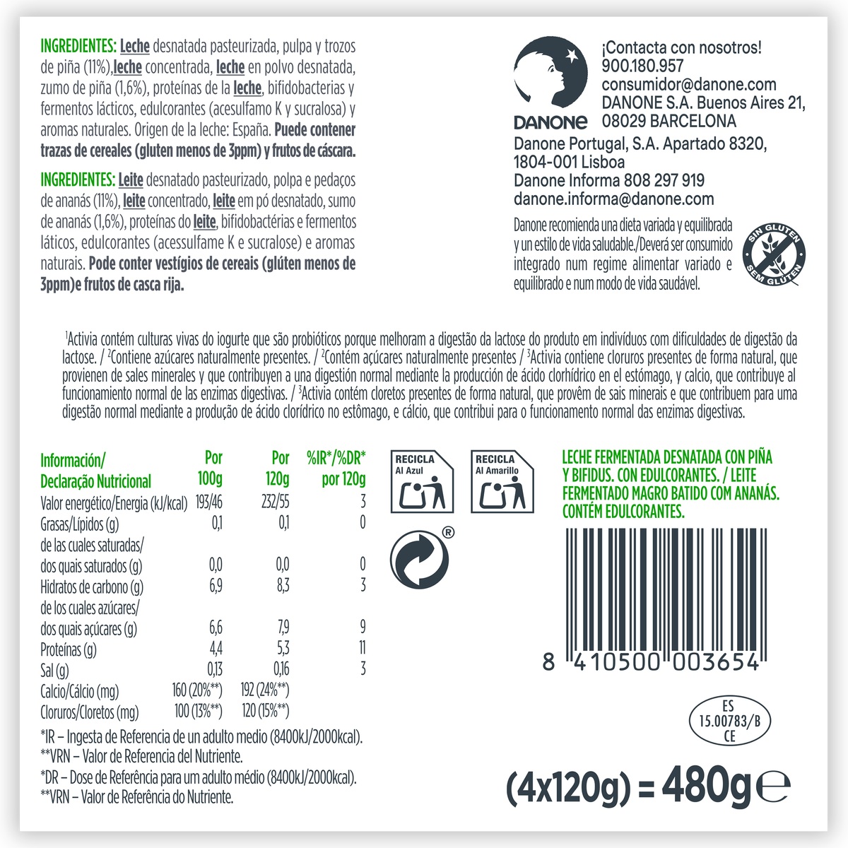 Bífidus probiótico Activia desnatado 0% materia grasa pack 4 piña