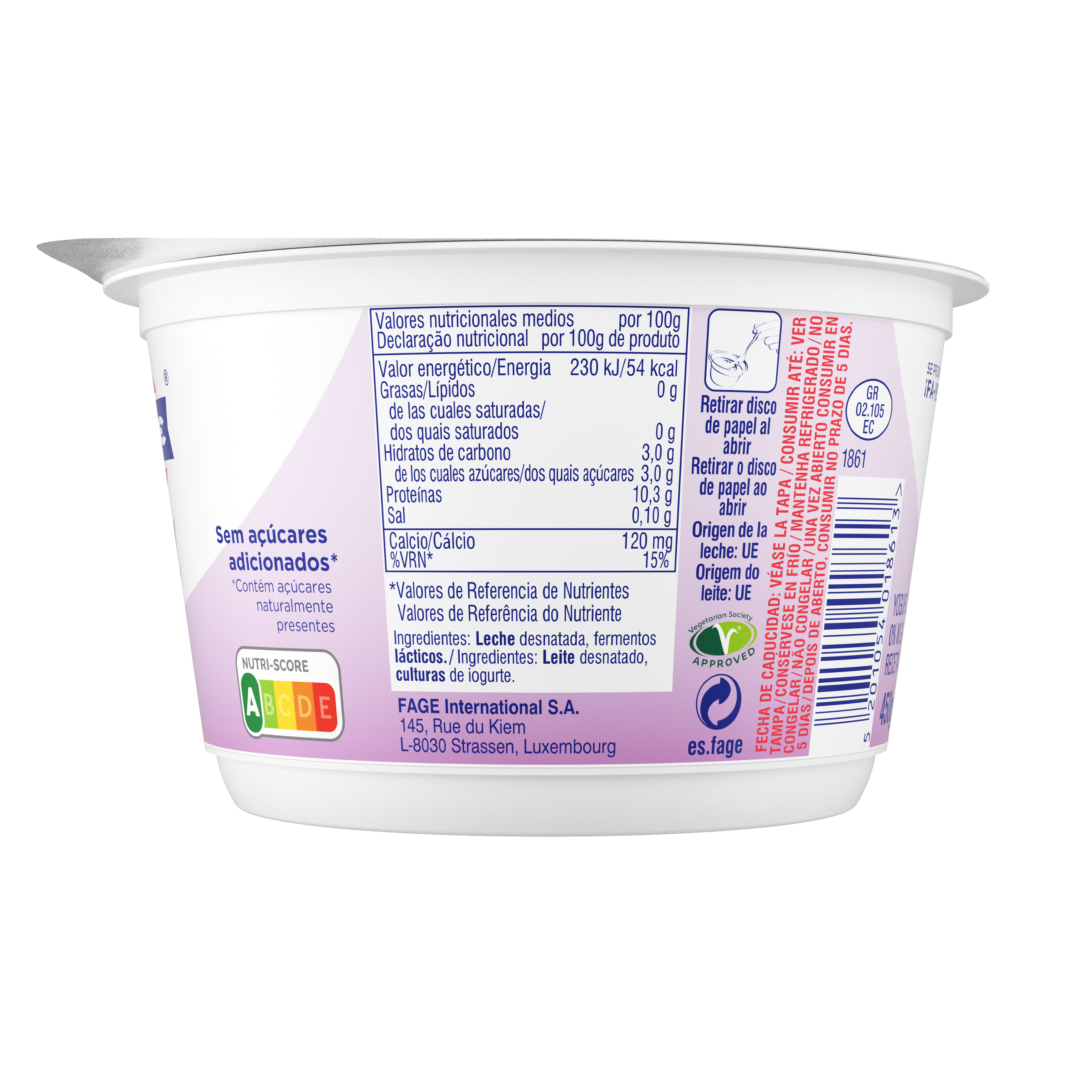 Yogur colado sin azúcar añadido receta griega Fage 0% materia grasa 450g