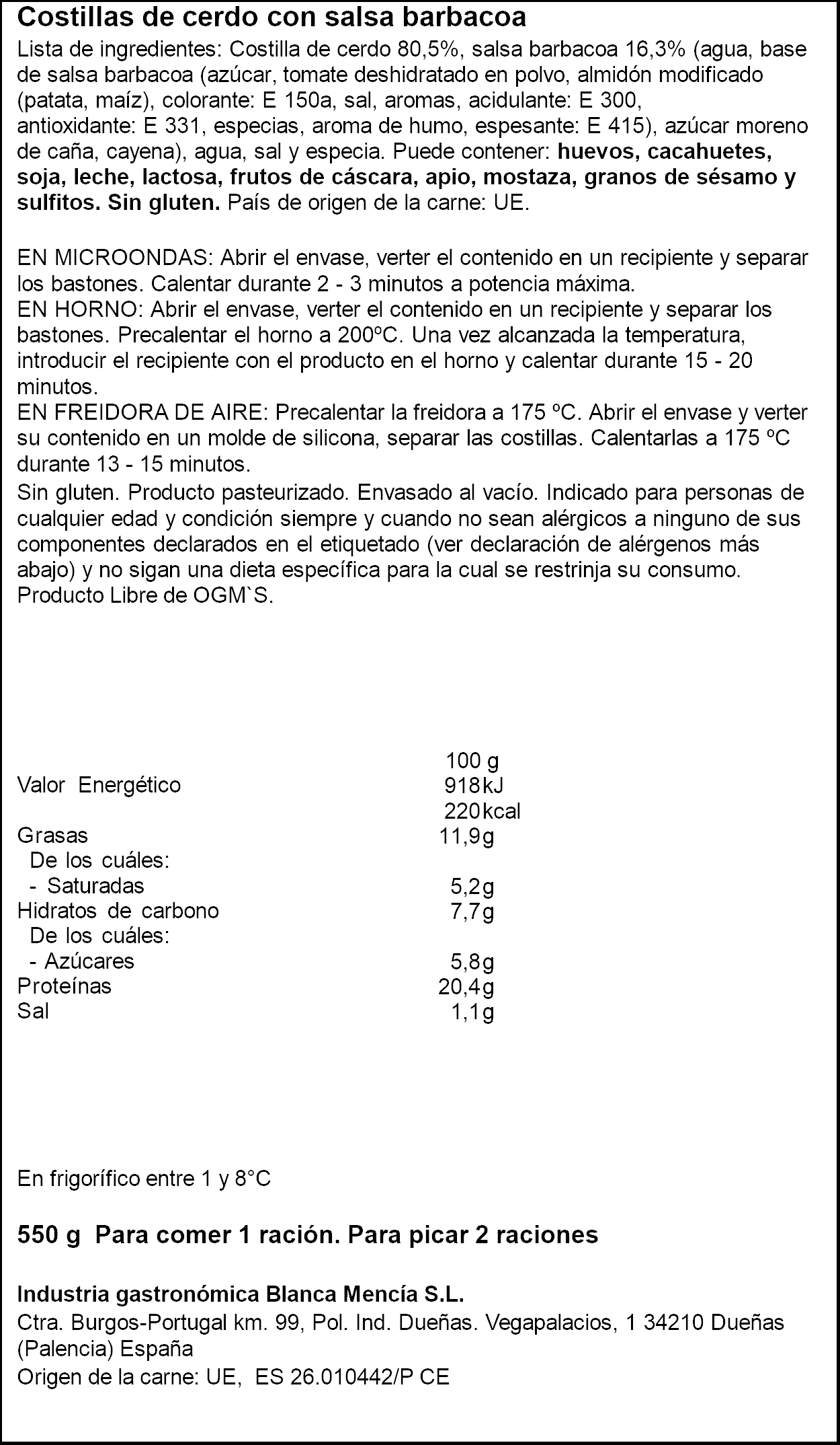 Costillas de cerdo con salsa barbacoa Cascajares 550g