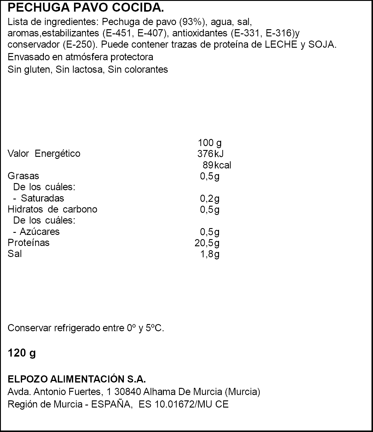 Pechuga de pavo 1954 120 gr lonchas frescas finas sin gluten y sin lactosa