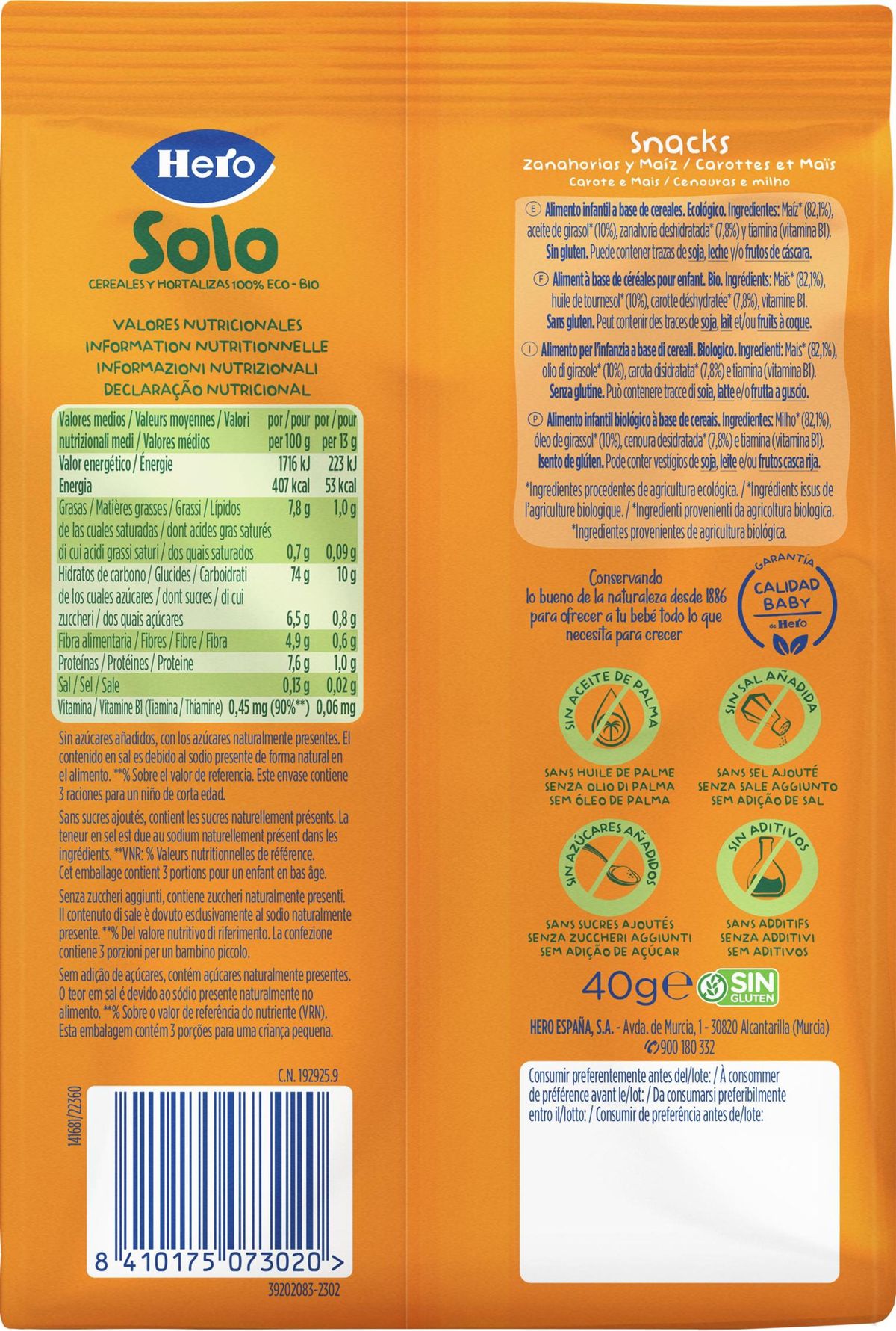 Snack eco Hero Solo zanahoria maíz 40g