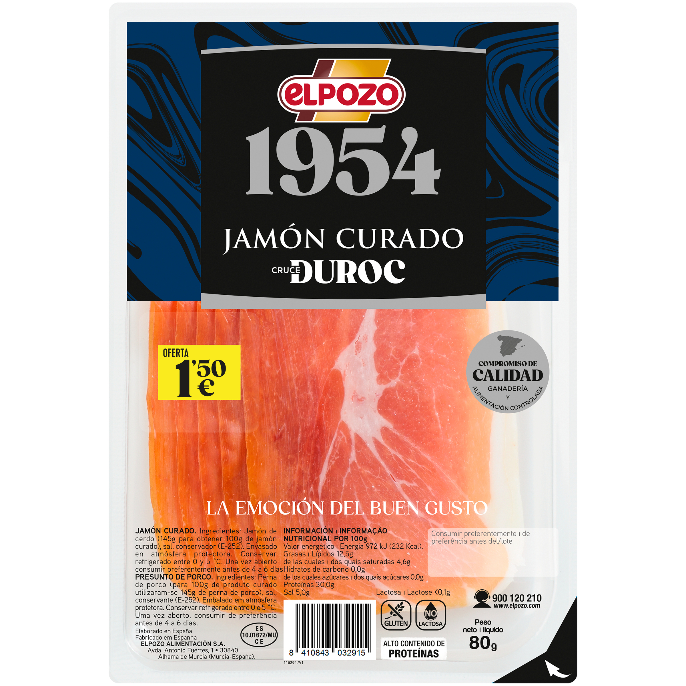 Jamón curado selección en lonchas ElPozo 80 gr