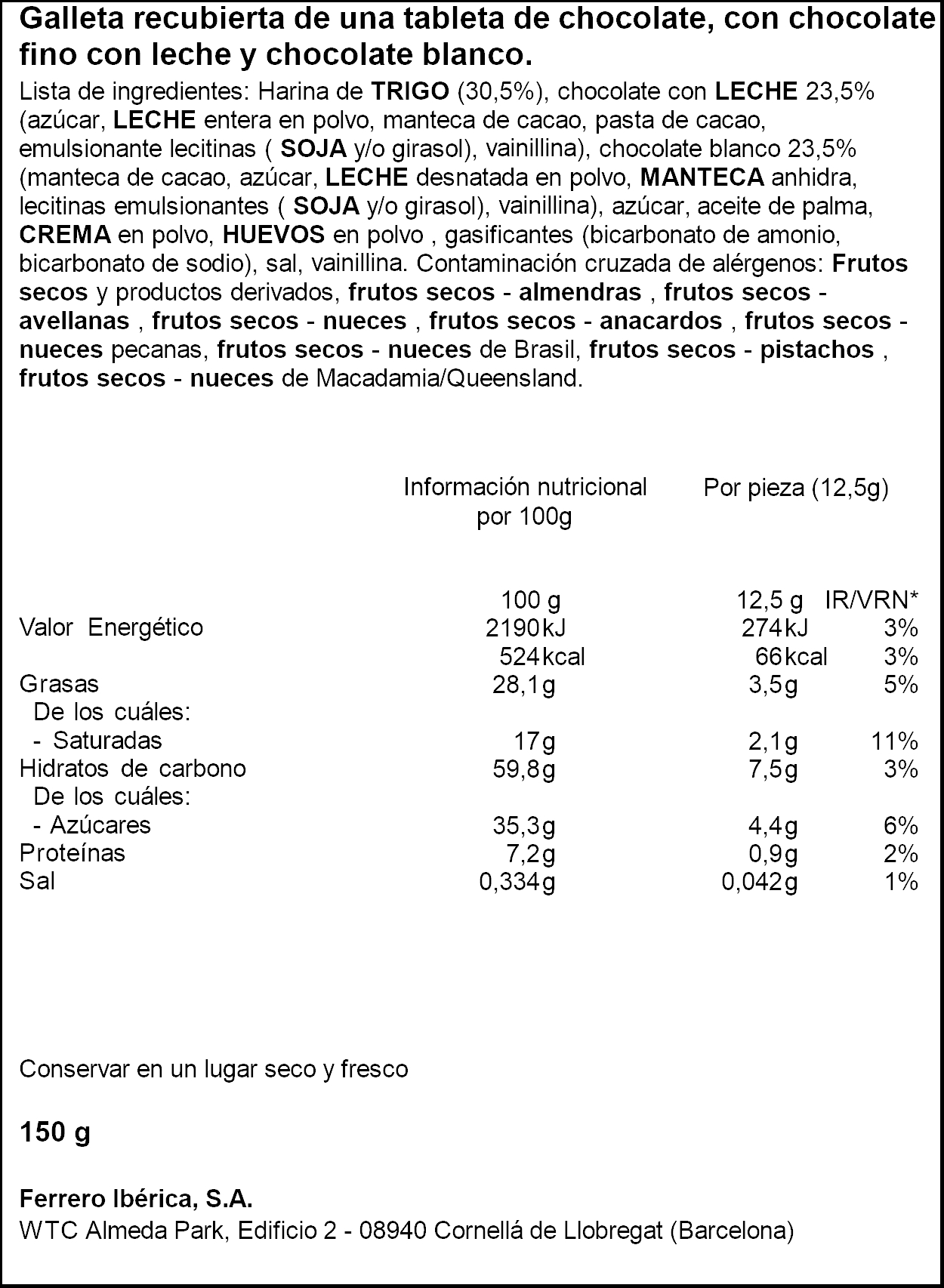 Galleta con chocolate con leche y chocolate blanco Kinder 150g