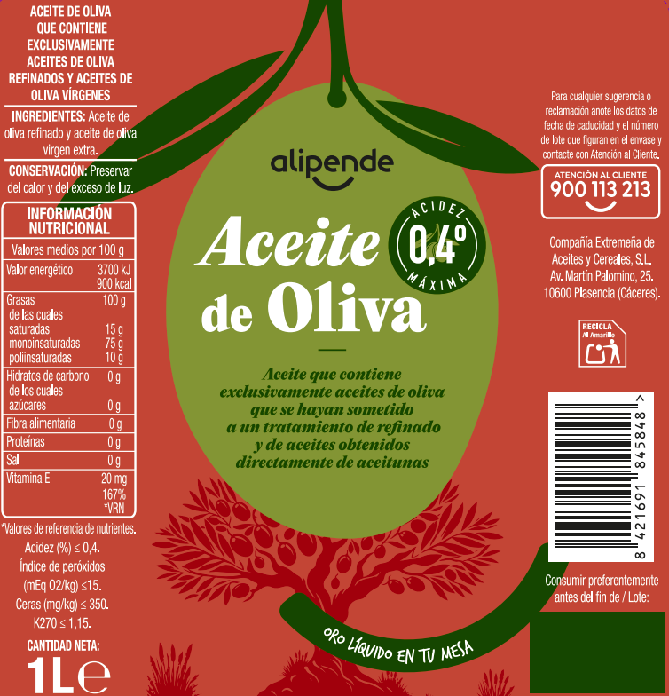 Aceite de oliva Alipende 1l 0,4º