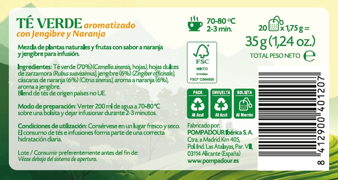 Té verde Pompadour 20u jengibre con naranja