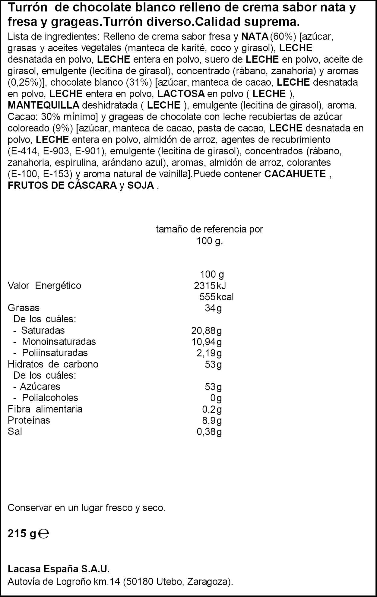 Turrón de chocolate blanco con Lacasitos y besitos Fini 215g