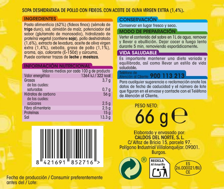 Sopa de pollo con fideos Alipende 66g