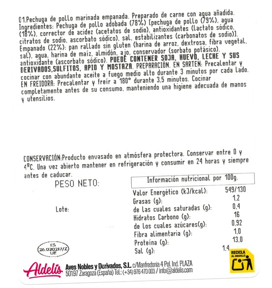 Pechuga de pollo sin gluten marinada empanada Aldelis 400gr