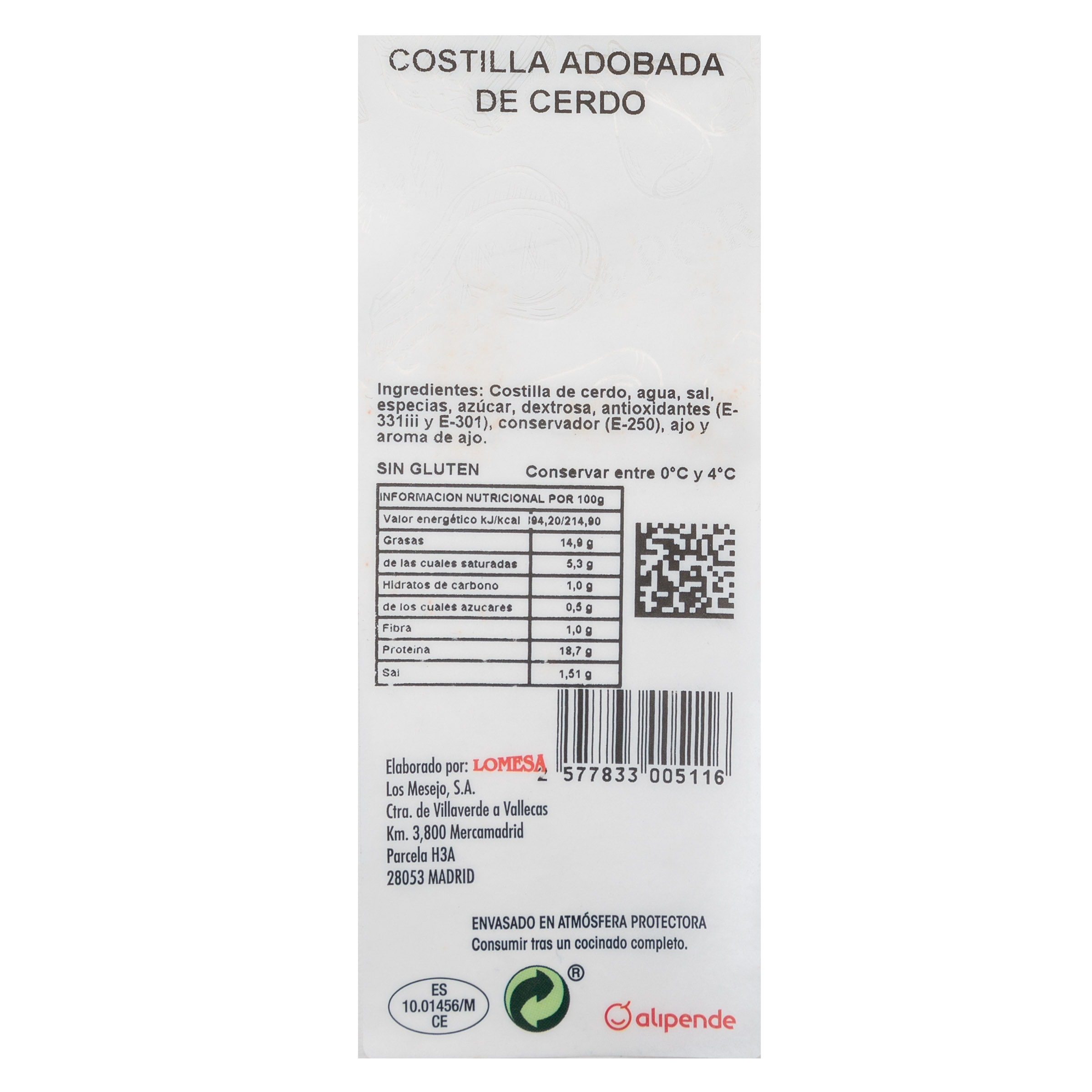 Costilla de cerdo adobada Alipende 400g aproximadamente