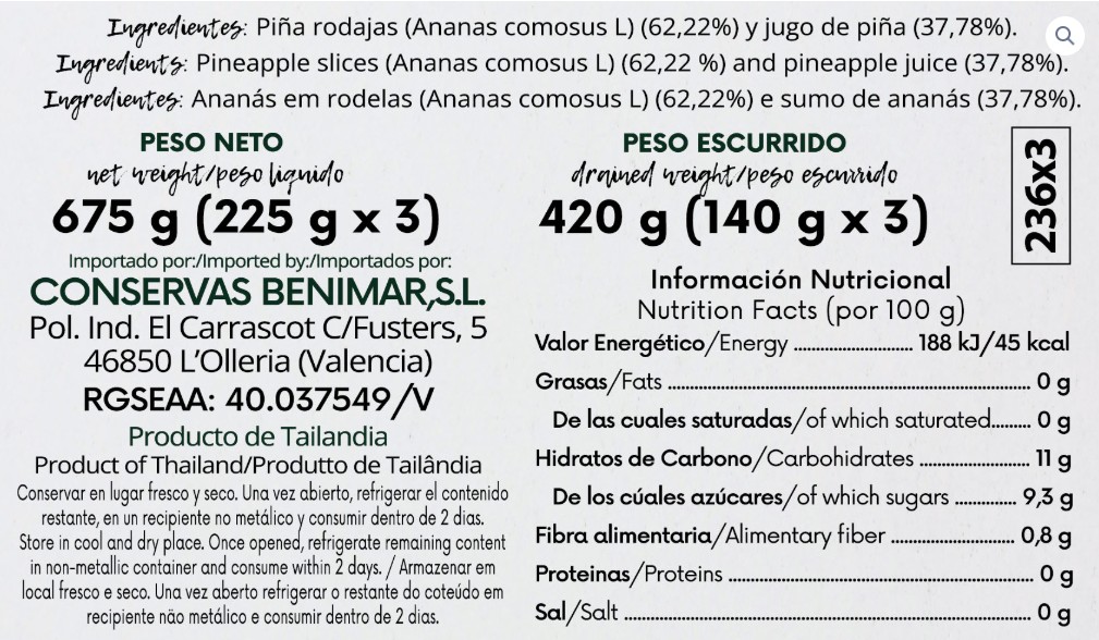 Piña en su jugo Benimar P3 Rodajas