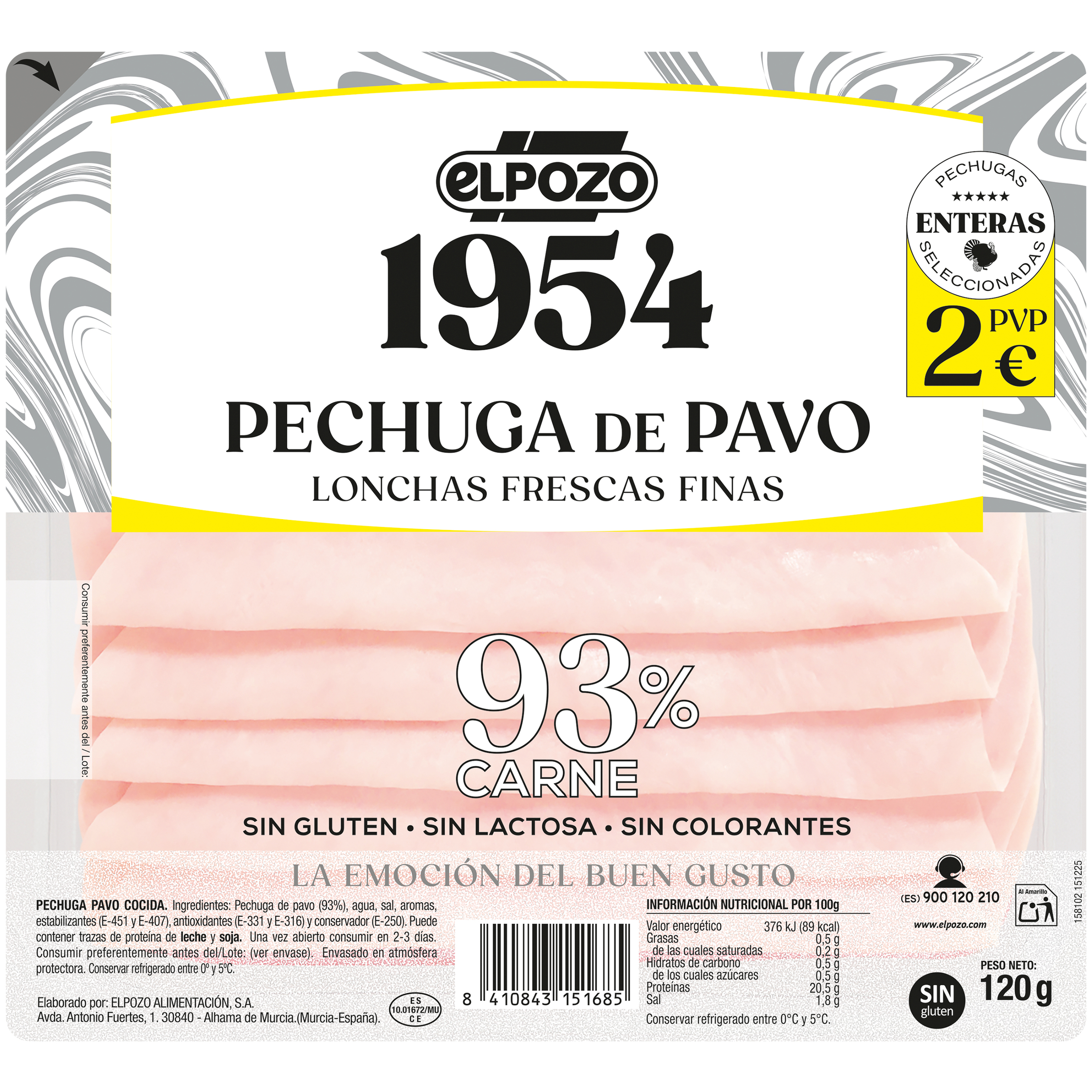 Pechuga de pavo 1954 120 gr lonchas frescas finas sin gluten y sin lactosa