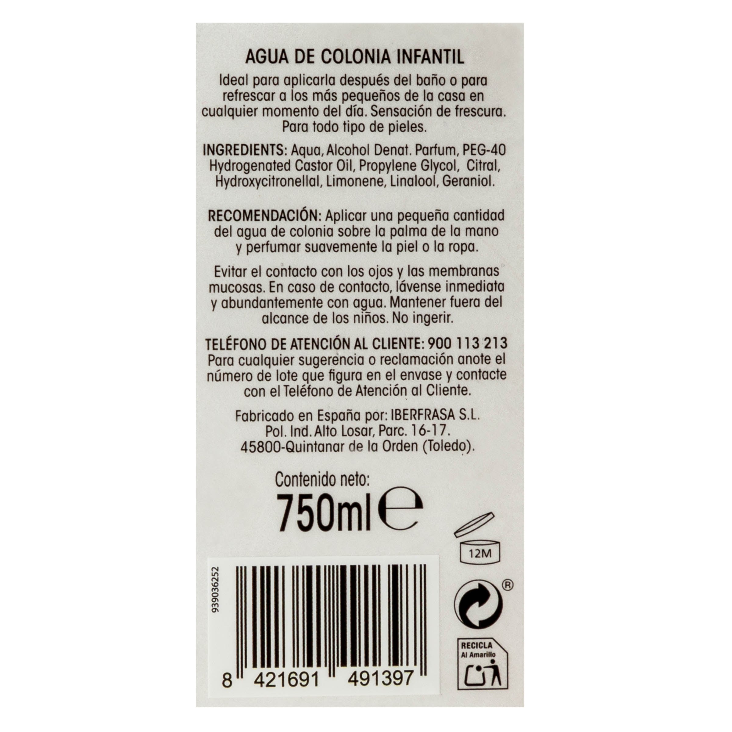 Agua de Colonia Bodyplus 750ml infantil