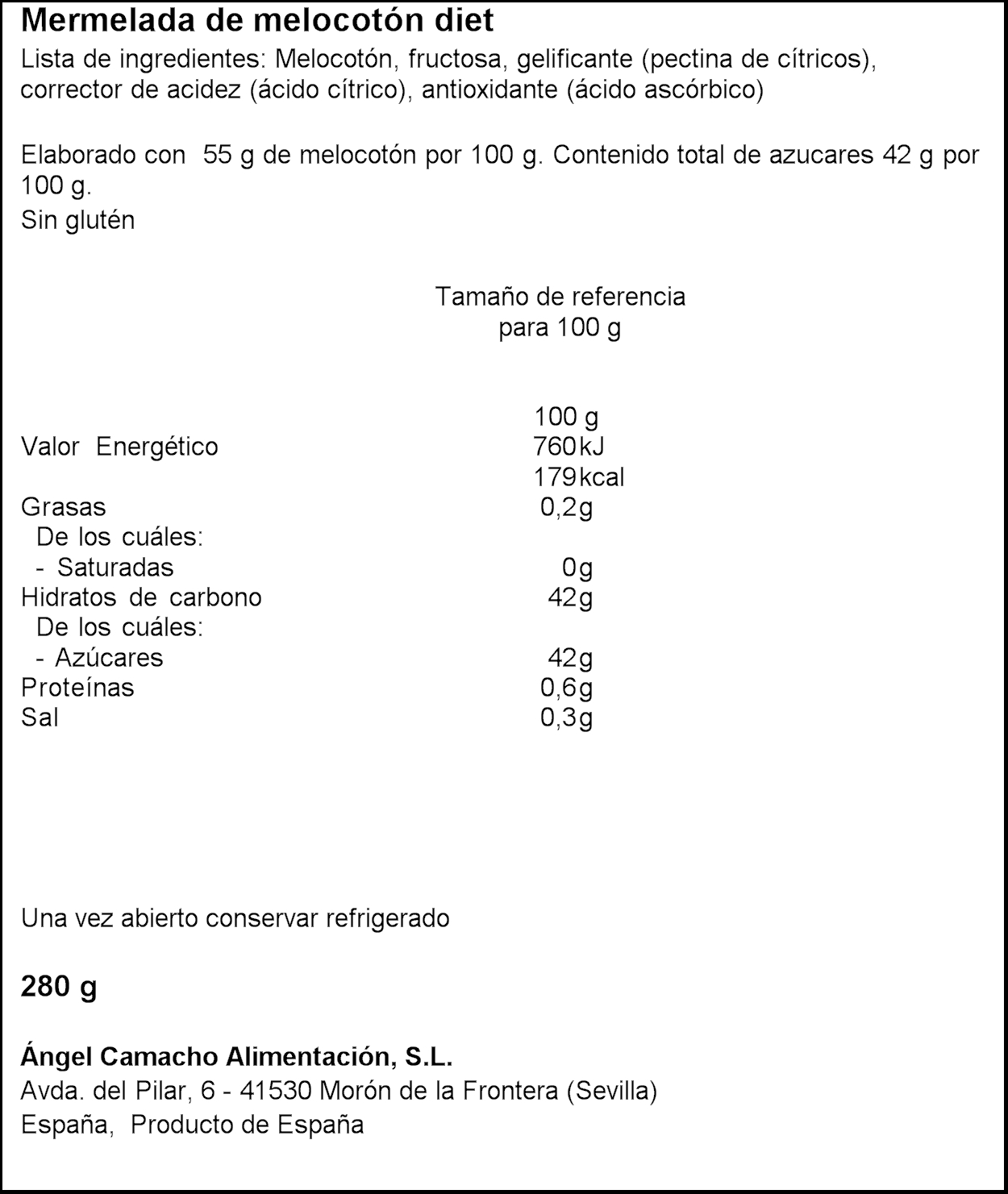 Mermelada diet la vieja fabrica 280g melocoton