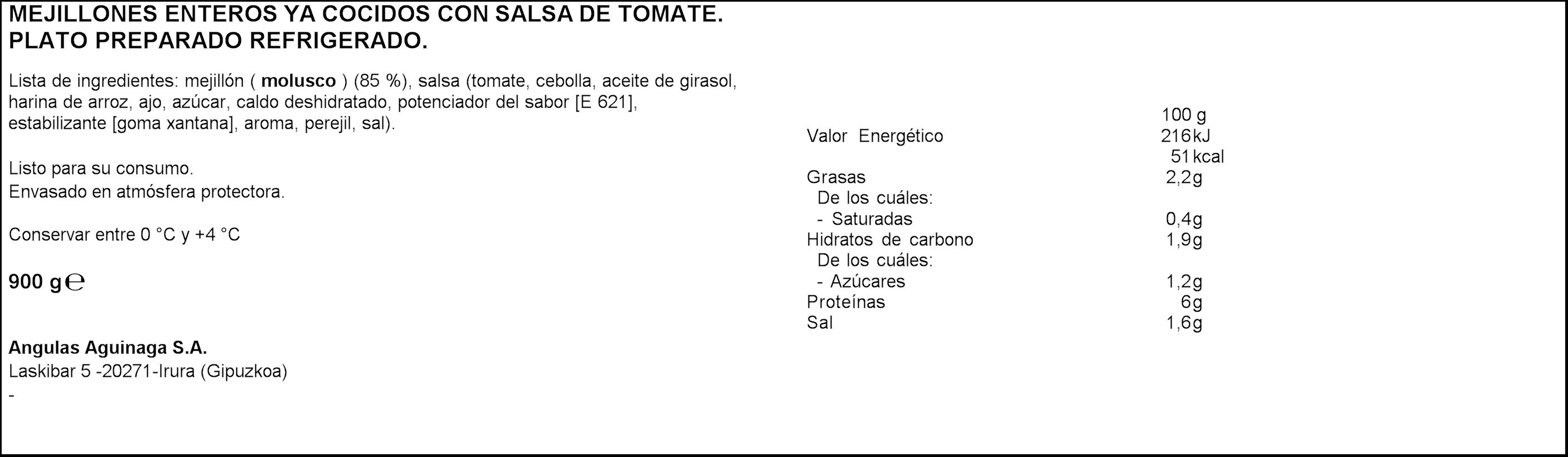 Mejillón cocido Aguinamar 900g en tomate