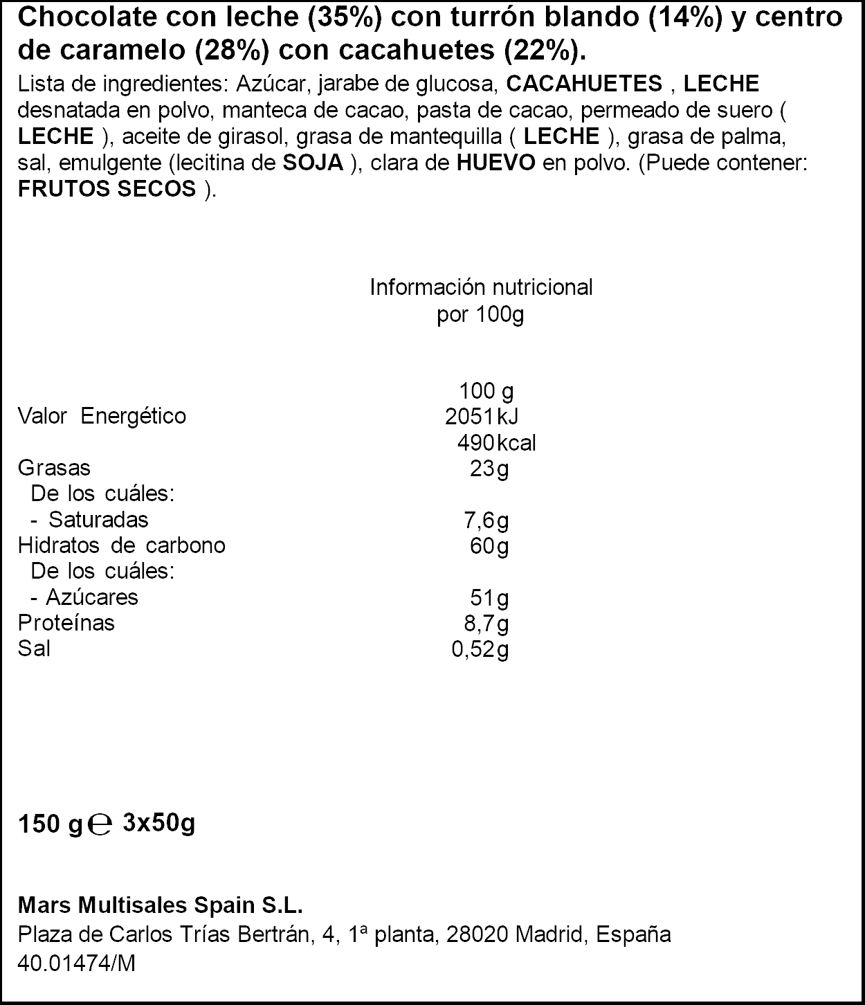 Chocolatina Snickers 3 unidades x 50g