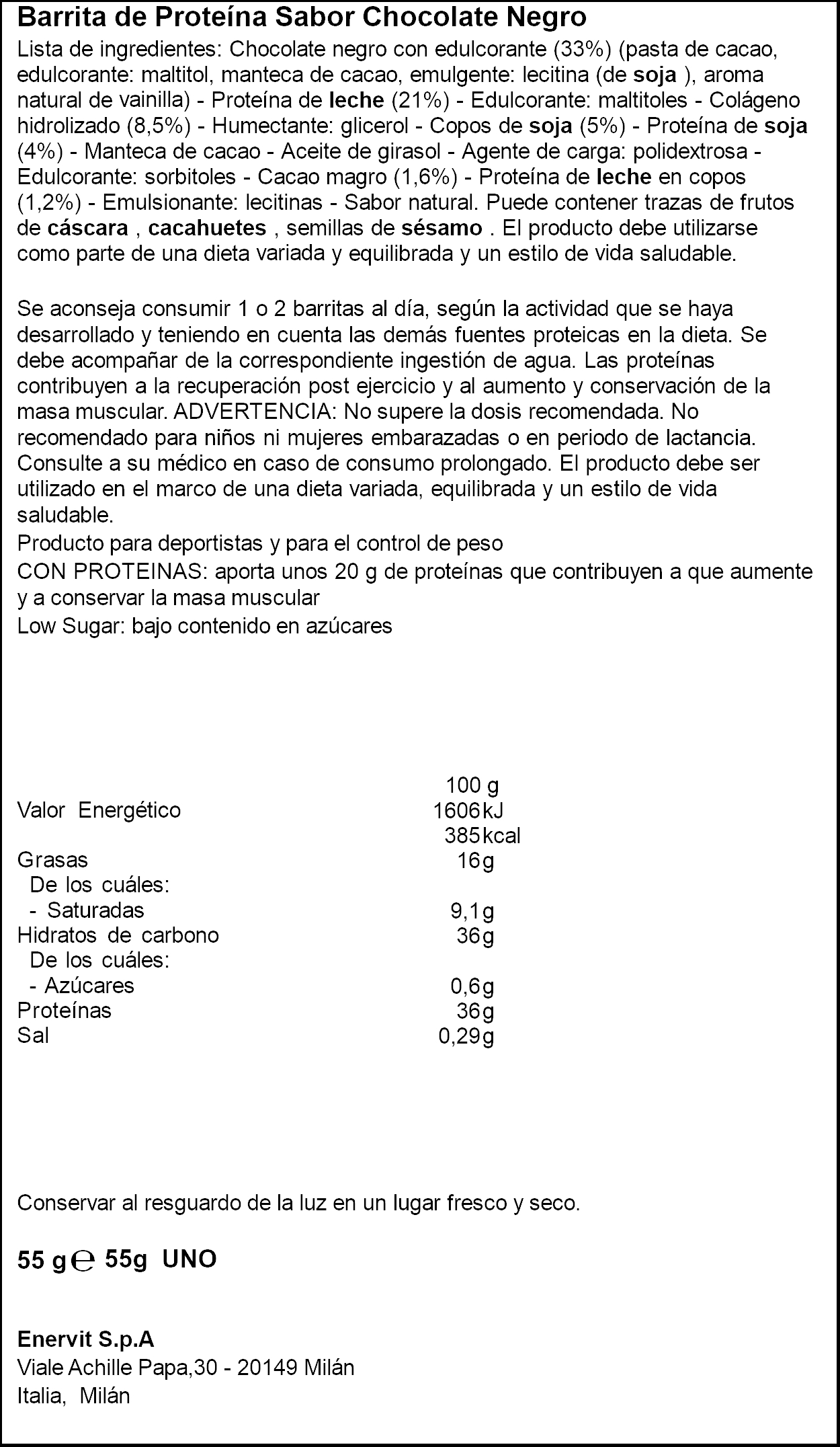 Barrita de proteínas con sabor a chocolate negro crujiente Enervit 55g