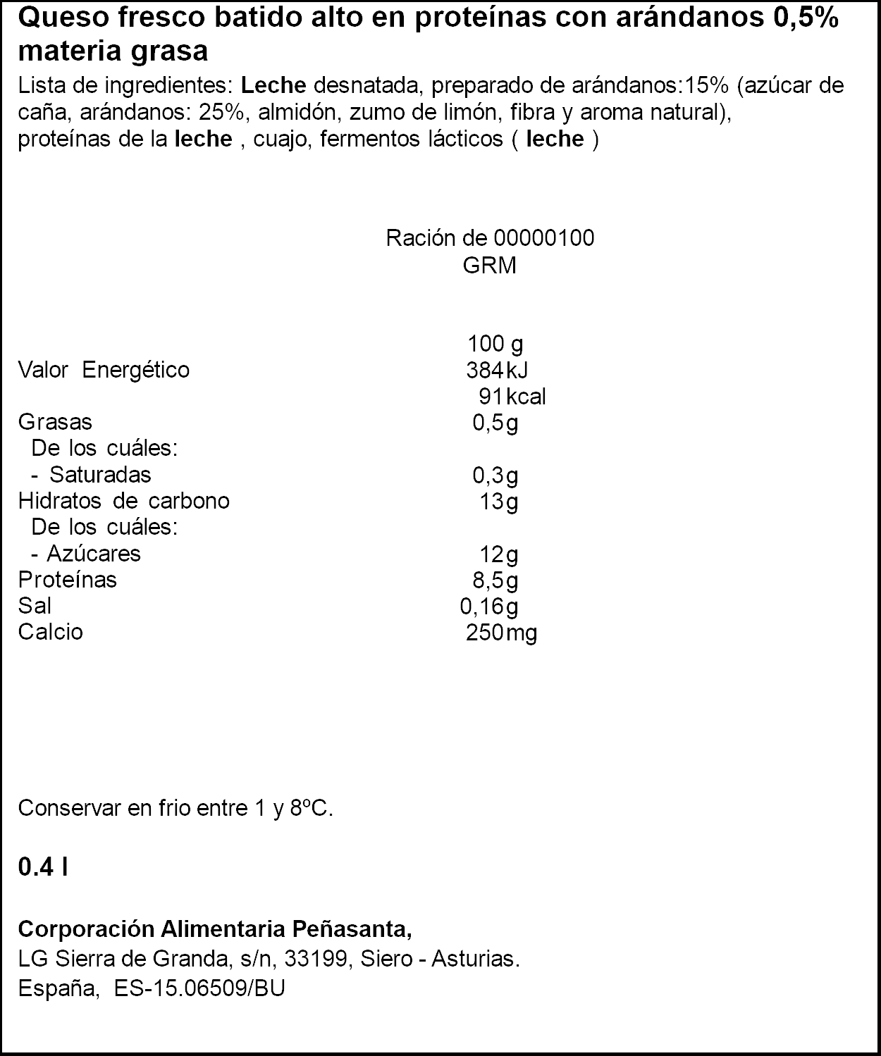 Queso fresco batido proteínas Asturiana 400g arándanos 0,5% materia grasa
