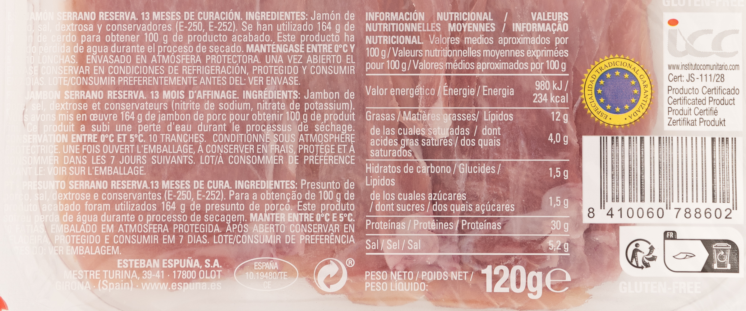 Jamon serrano RVA Espuña 120 gr lonchas.