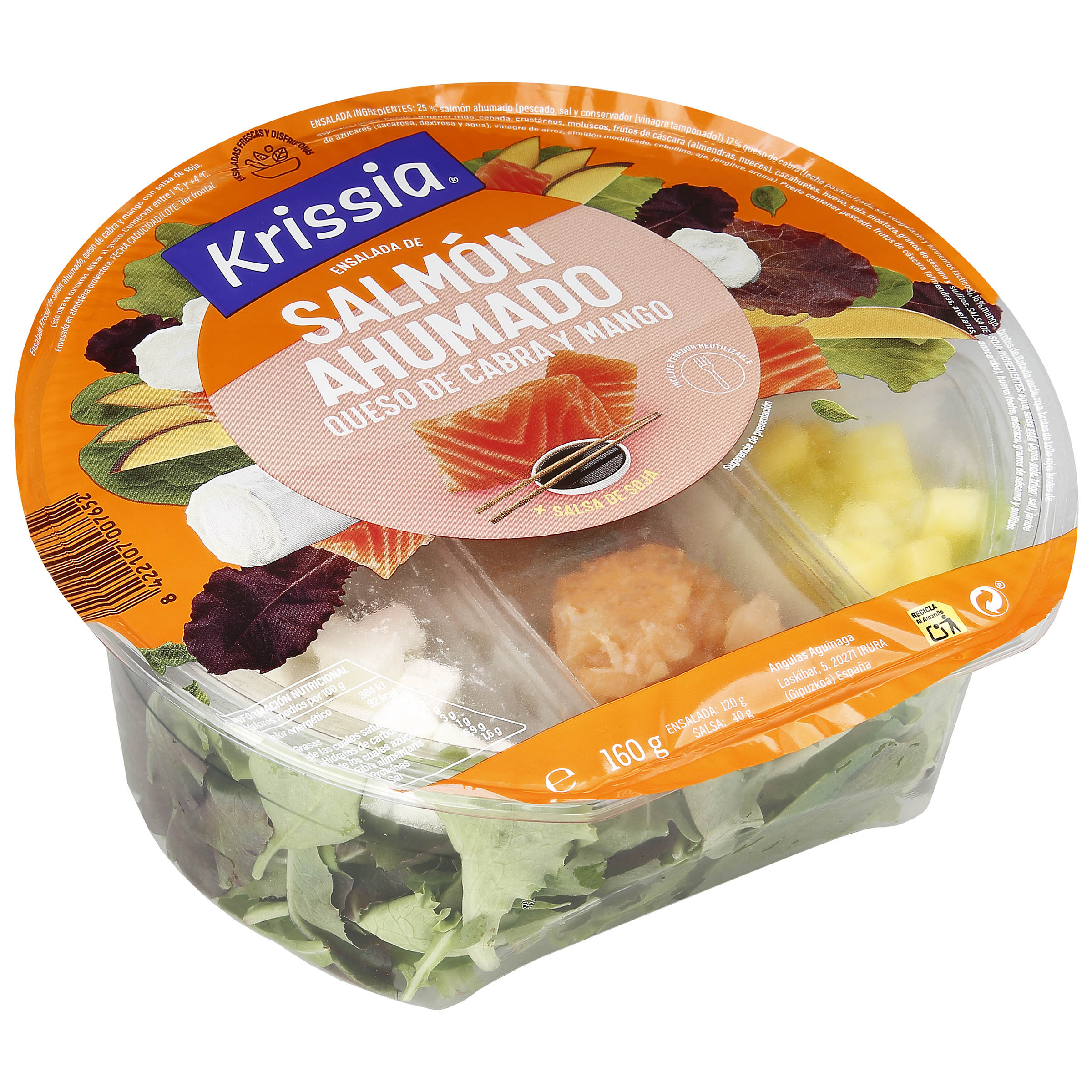 Ensalada Krissia con salmón ahumado queso de cabra y mango 150g