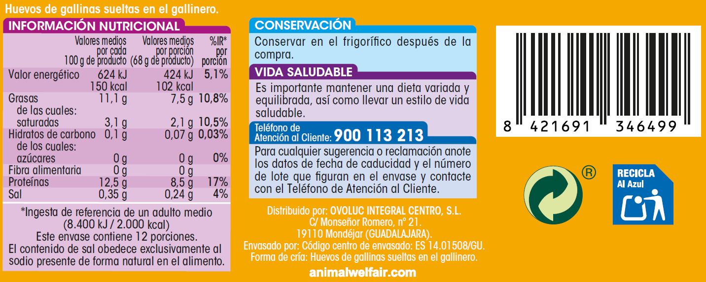 Huevos de gallinas sueltas en el gallinero Alipende 12u "clase l"