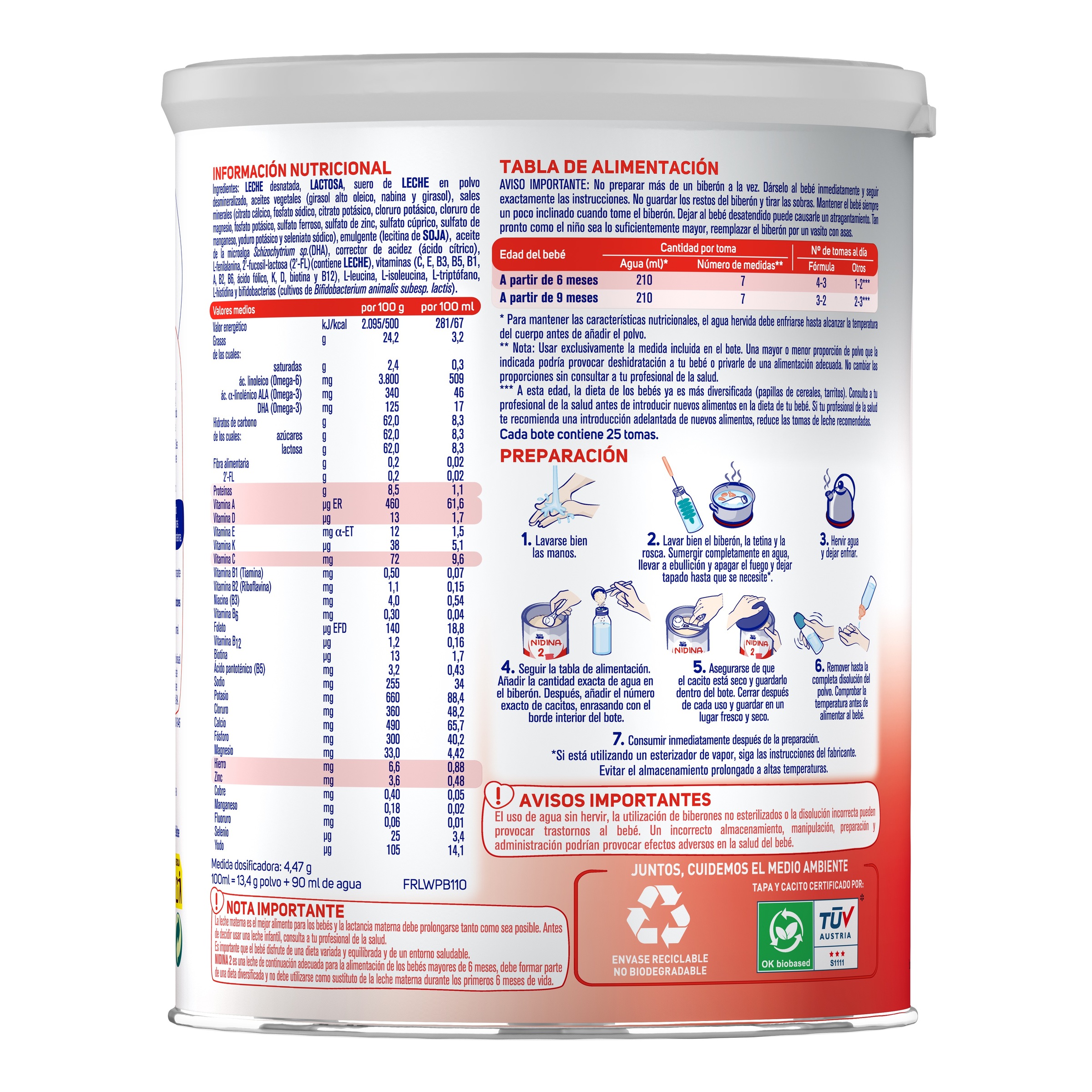 Leche continuación en polvo Nidina 2 Nestlé desde 6meses 800g