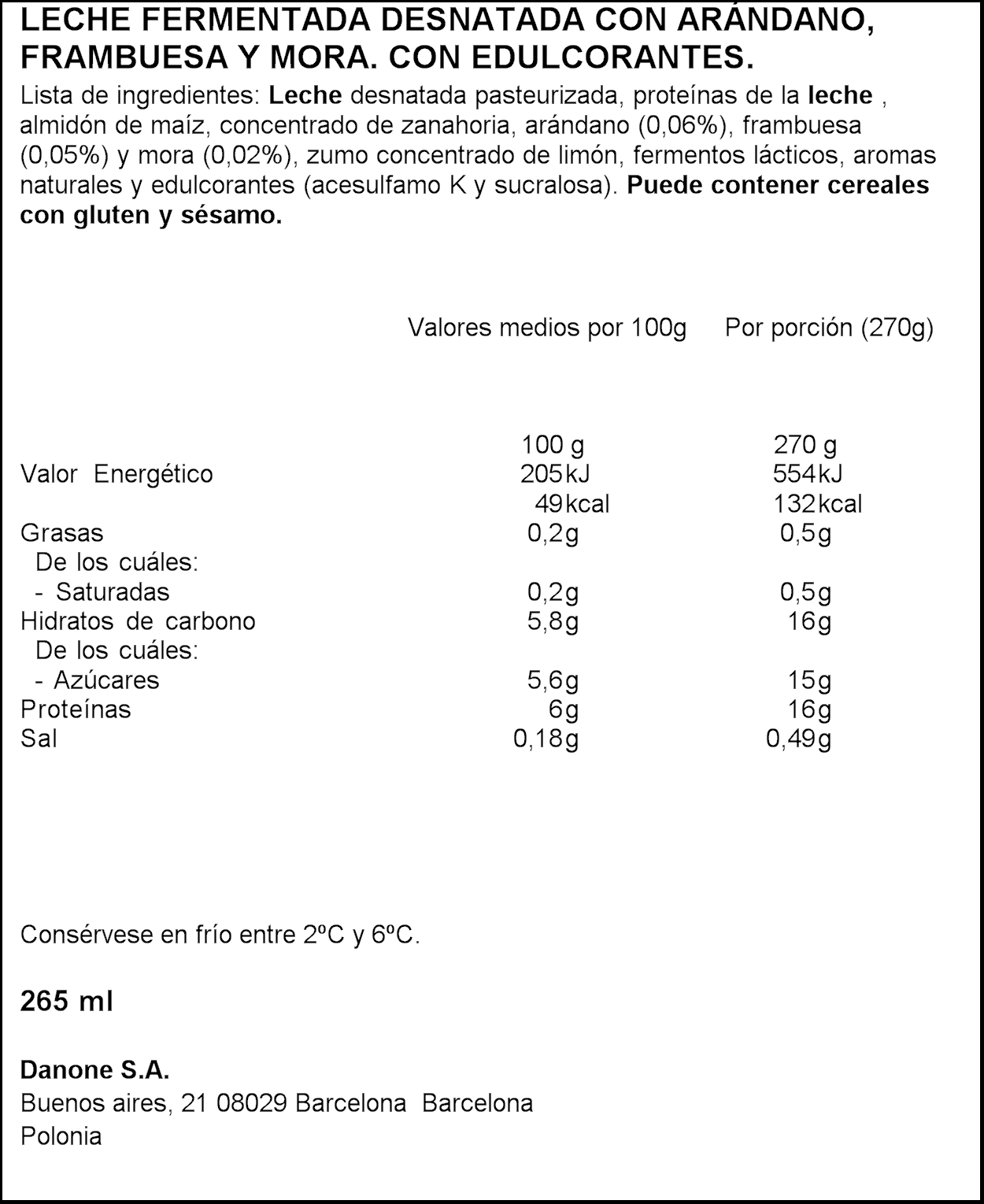 Yogur líquido proteina Danone 270 gr frutos del bosque
