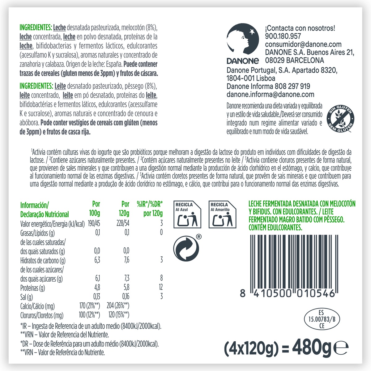 Bífidus probiótico Activia desnatado 0% materia grasa pack 4 melocotón