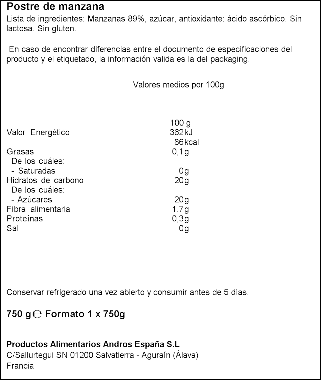Compota de manzana Andros 750g