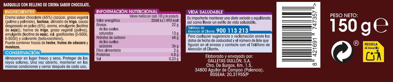 Barquillo relleno de crema sabor chocolate Alipende 150g
