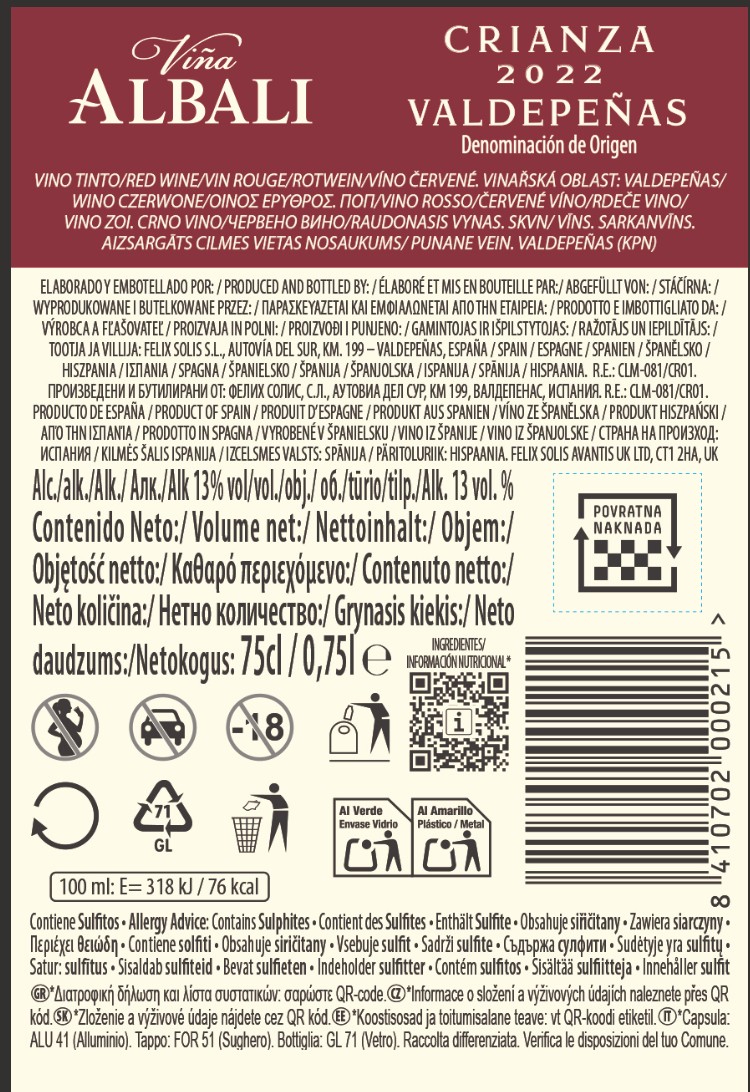 Vino tinto DO Valdepeñas Viña Albali crianza