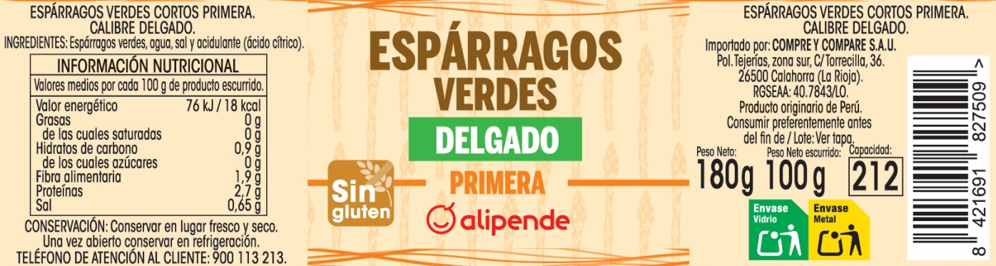 Espárragos verdes calibre delgado Alipende 100g