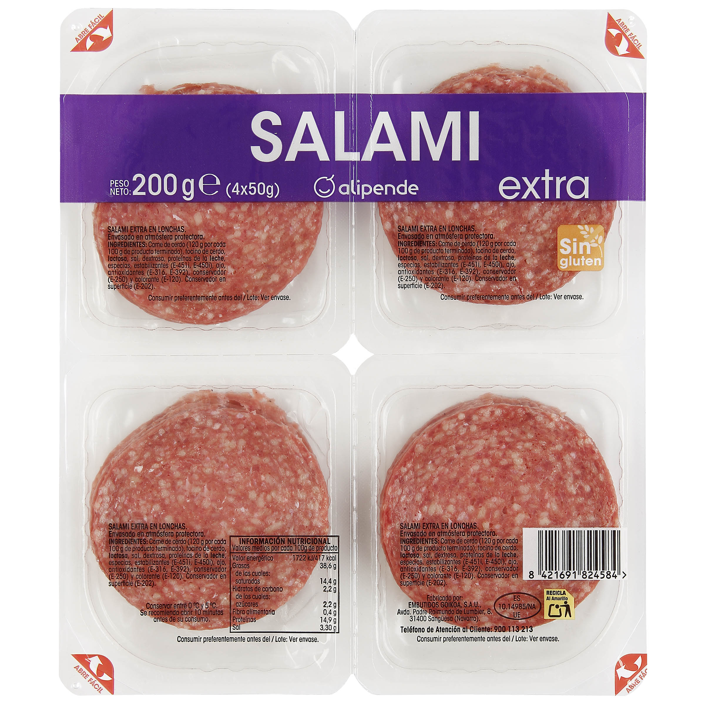 Salami en lonchas calidad extra Alipende pack 4 de 50g