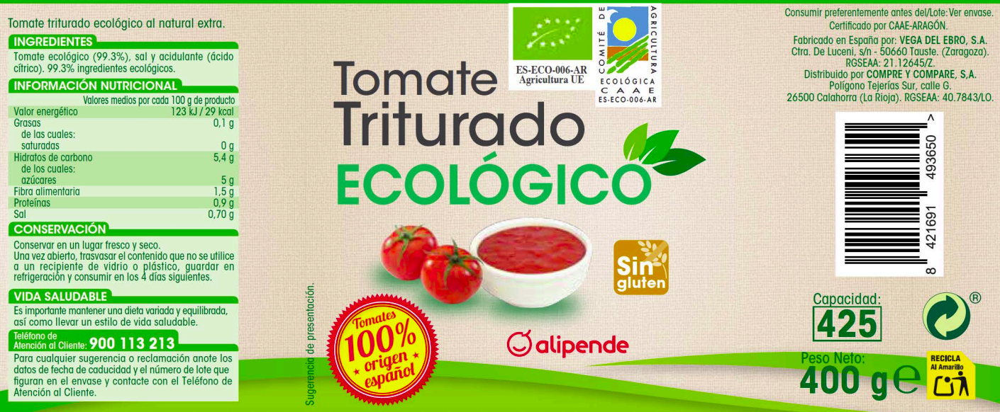 Tomate triturado sin gluten ecológico Alipende 400g