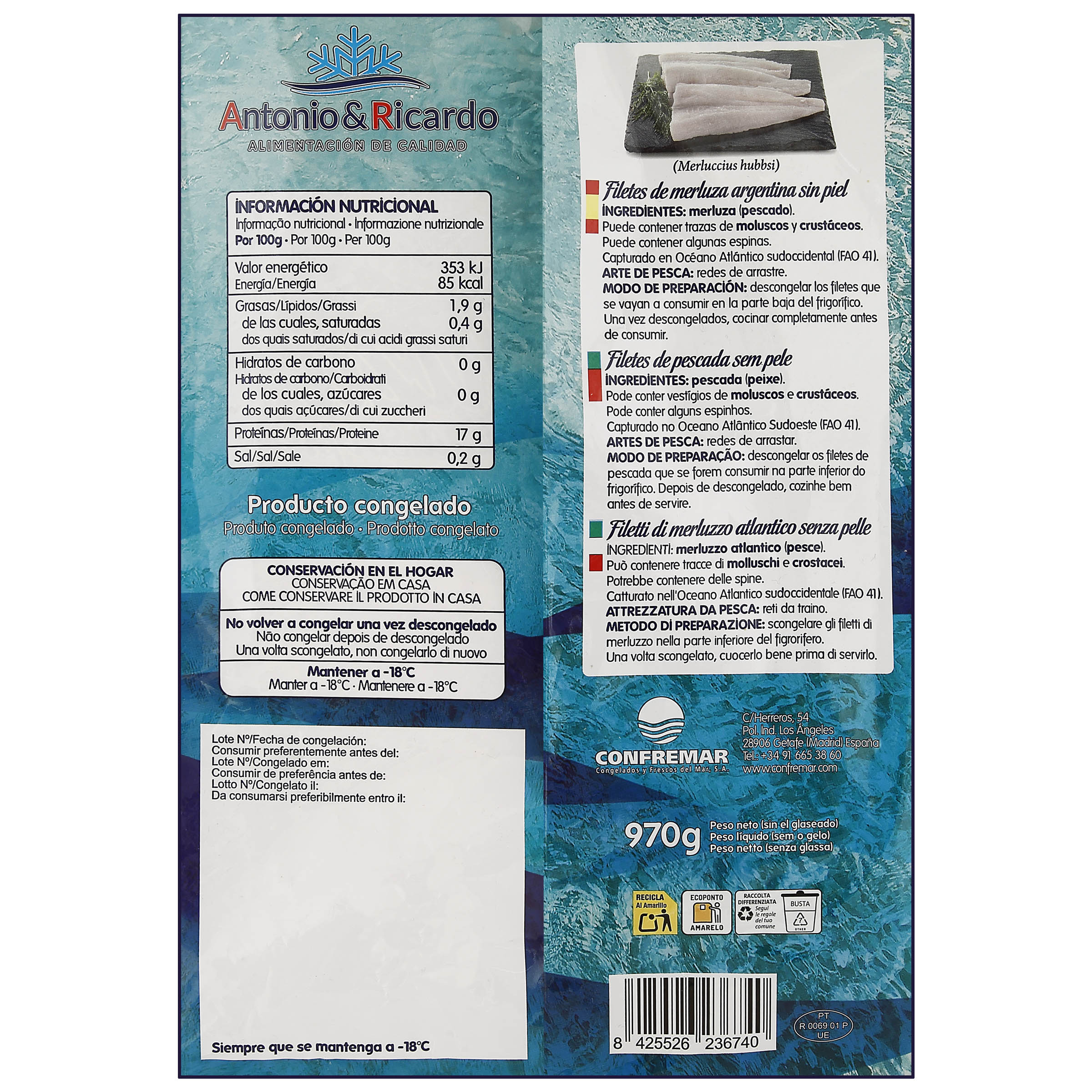 Filete merluza argentina sin piel A&R 970g